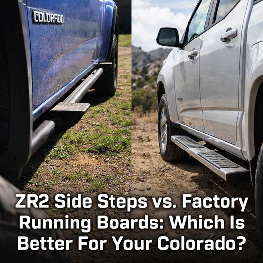 Comparison of ZR2 side steps and factory running boards on Chevy Colorado trucks outdoors